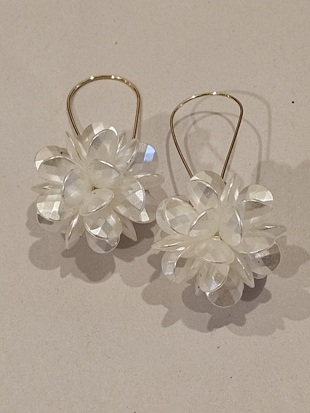 Gold Hoop Earrings with White Flower Drops
